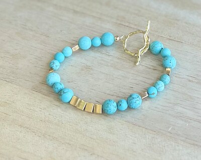 Beautiful Turquoise Howlite bracelet with 18k gold toggle lariat and Hematite Gold Accents, with gift bag, custom sized - image1
